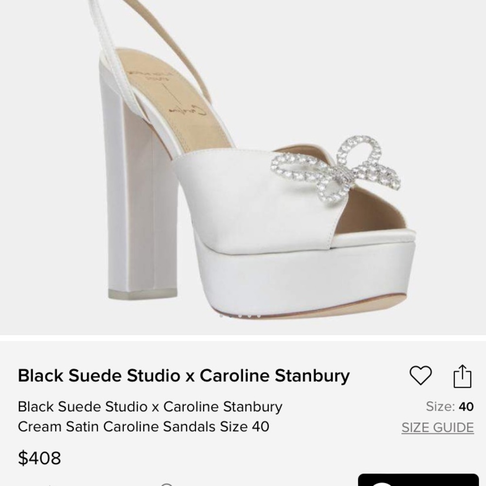 $408 Black Suede Studio Ivory Satin Heels Platform Sandal Caroline Crystal Bow